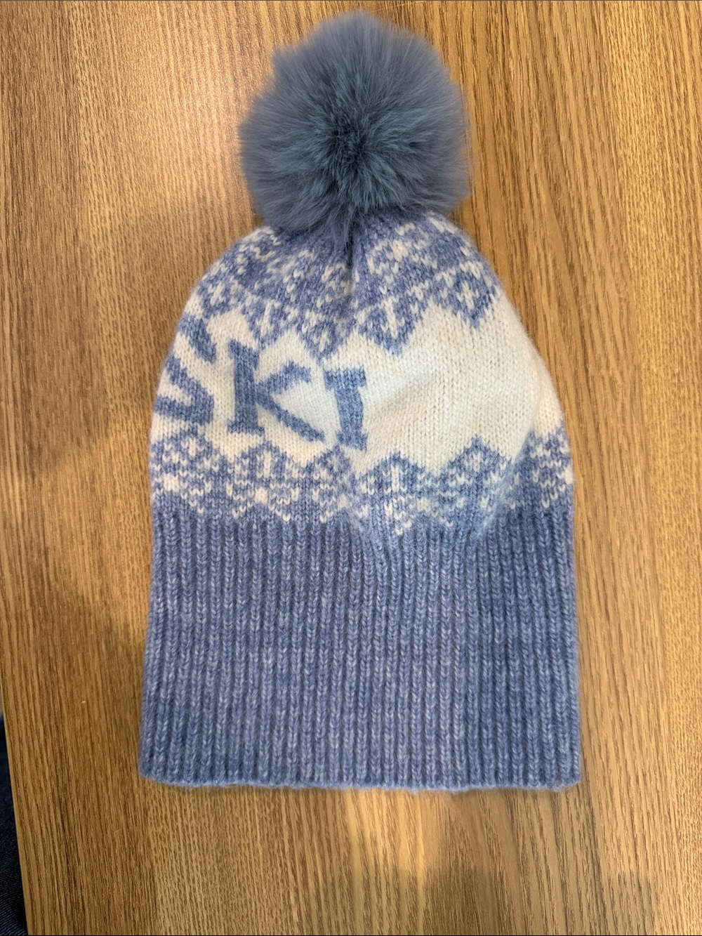 Mary’s Adler Blue and White Pom Ski Knit Beanie